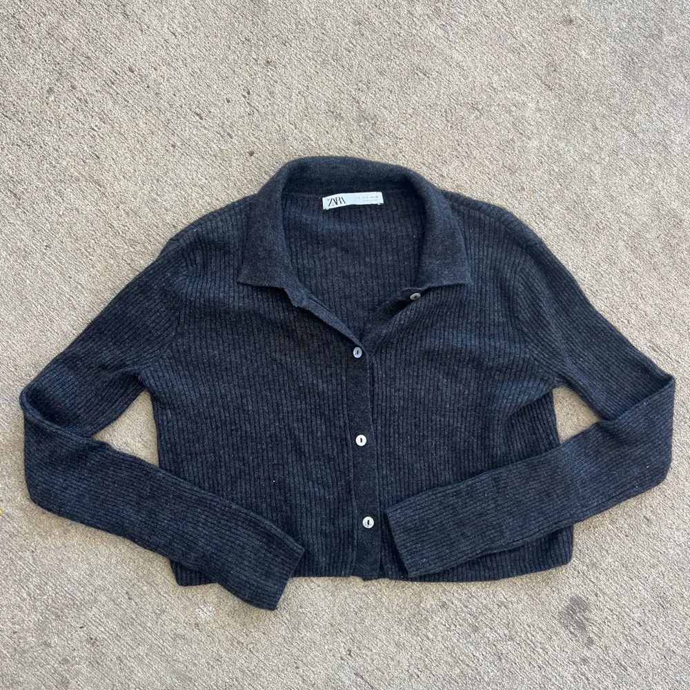 Zara Gray Ribbed Cropped Cardigan
